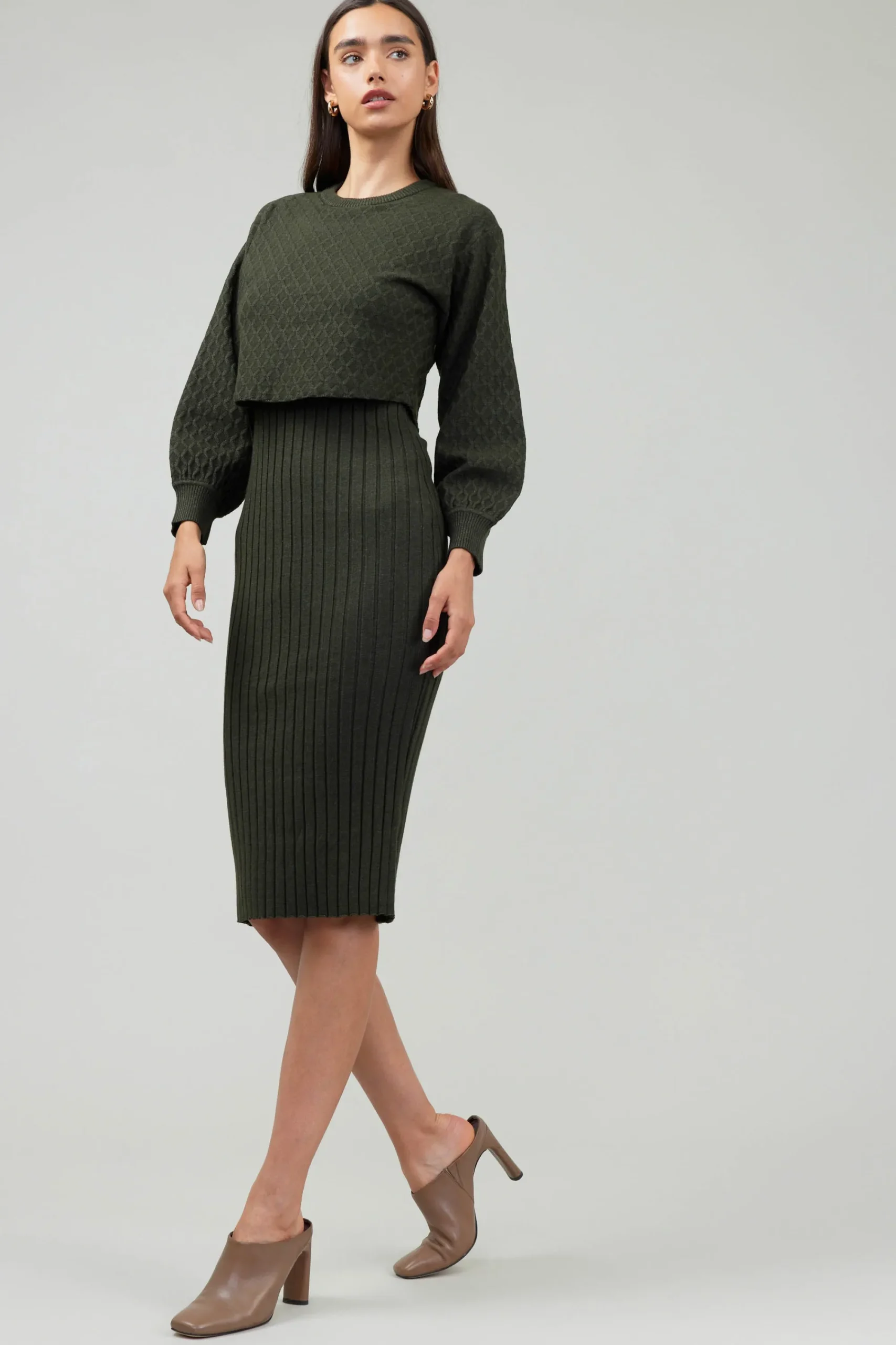 Current Air Knitwear | Midi Dresses-Two Piece Sweater Dress DARKMOSSGREEN