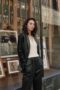Current Air Coats & Jackets-Two Tone Vegan Leather Jacket DARKGREEN