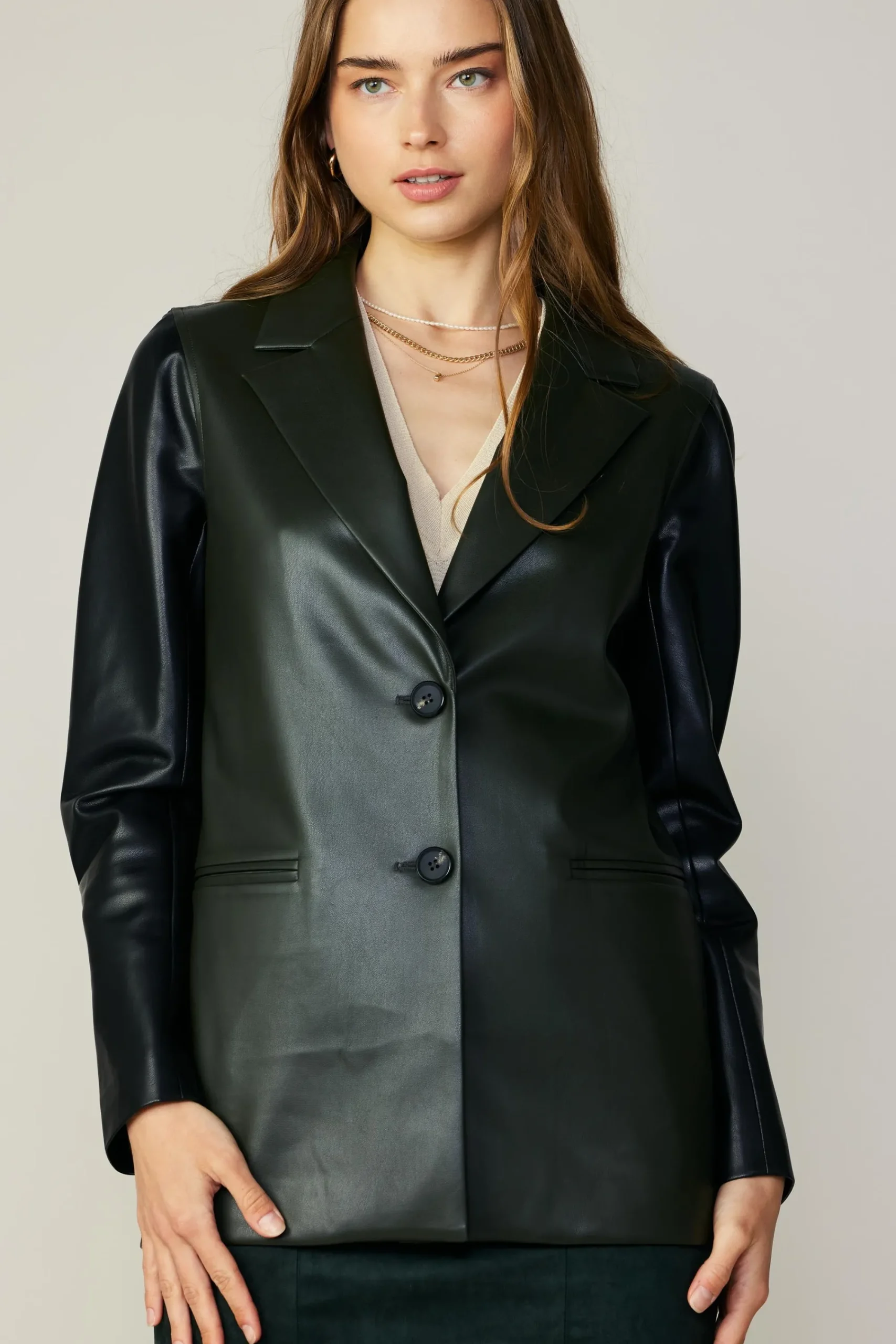 Current Air Coats & Jackets-Two Tone Vegan Leather Jacket DARKGREEN