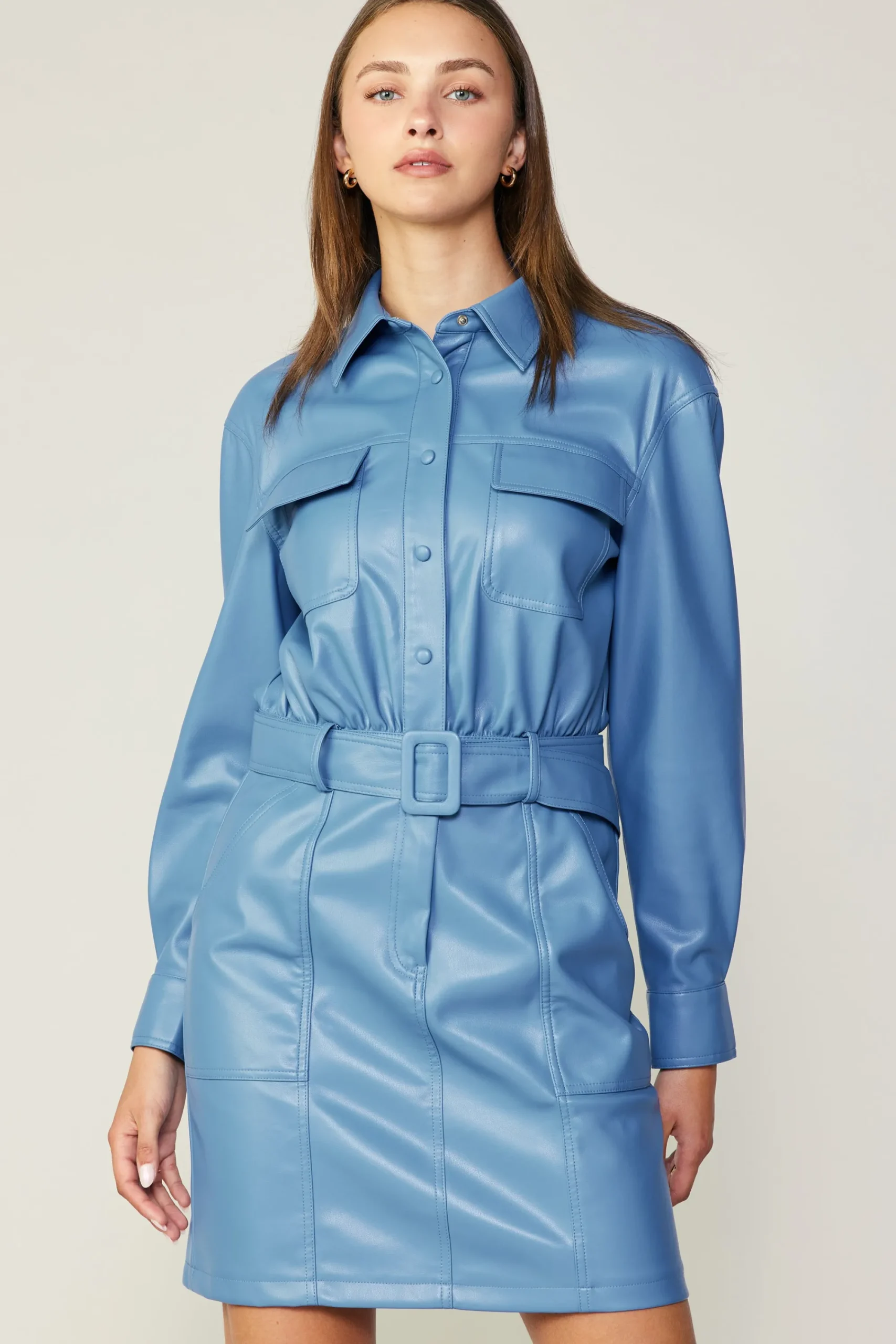 Current Air Mini Dresses-Vegan Leather Belted Shirt Dress TRANQUILBLUE