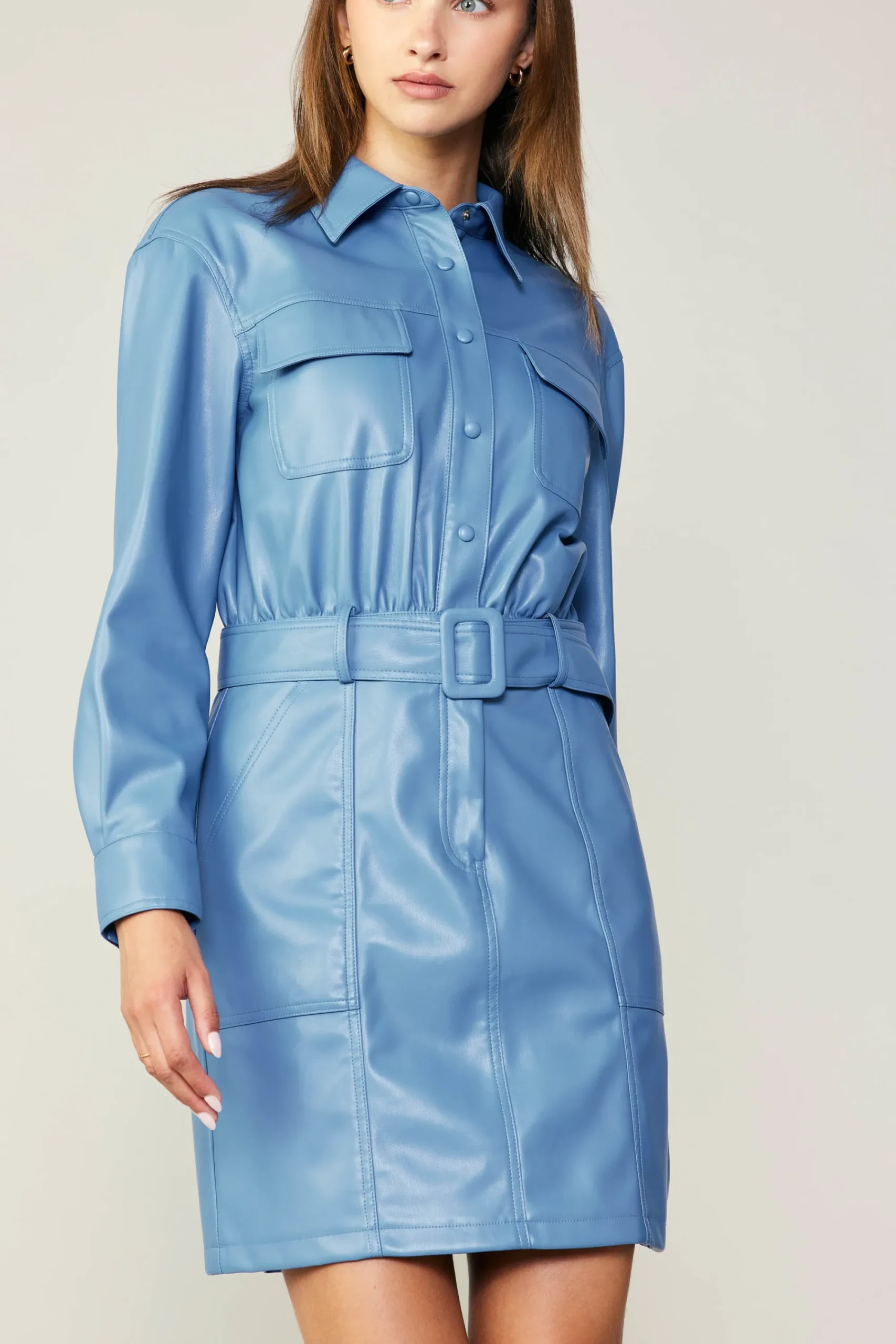 Current Air Mini Dresses-Vegan Leather Belted Shirt Dress TRANQUILBLUE