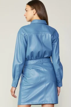 Current Air Mini Dresses-Vegan Leather Belted Shirt Dress TRANQUILBLUE