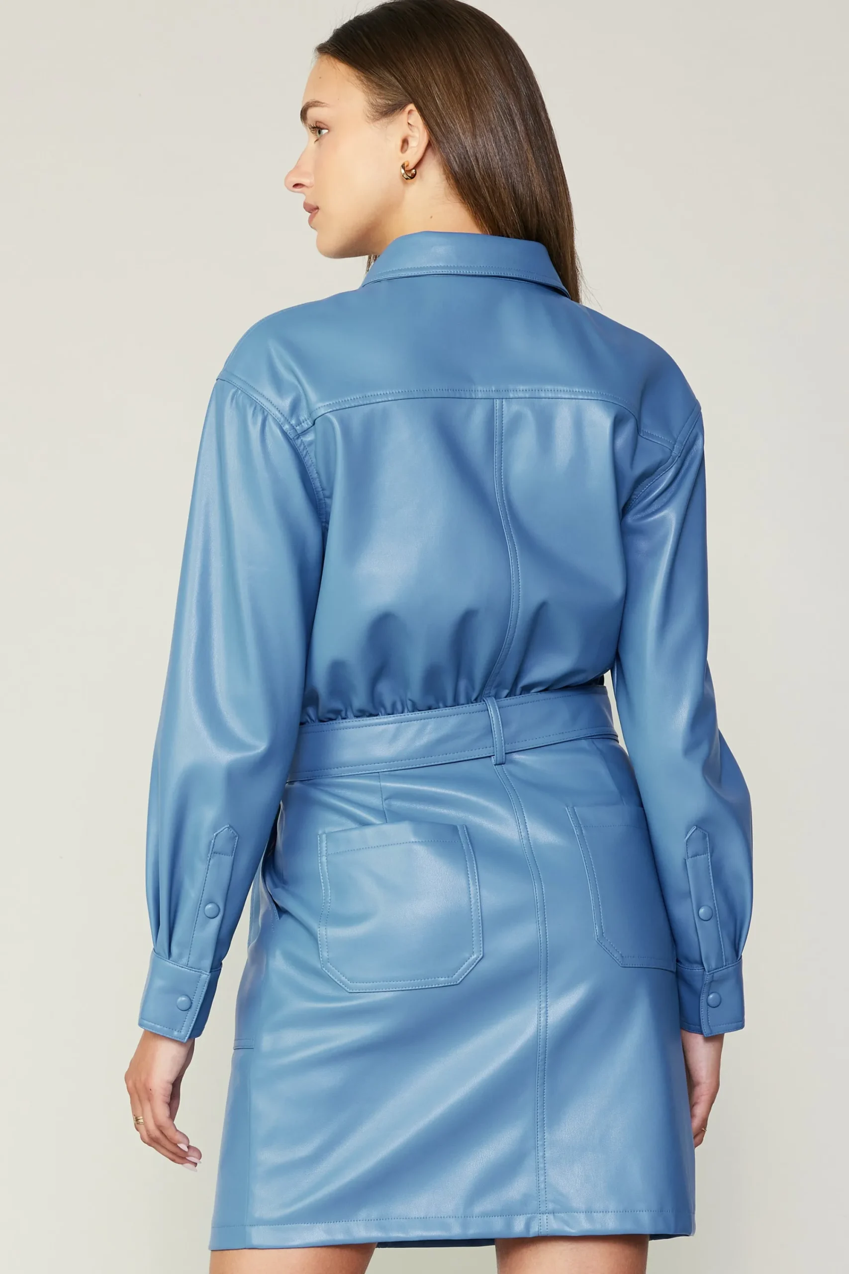 Current Air Mini Dresses-Vegan Leather Belted Shirt Dress TRANQUILBLUE