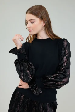 Current Air Knitwear | Long Sleeve Tops-Velvet Foil Sweater Top BLACKBRONZEMULTI