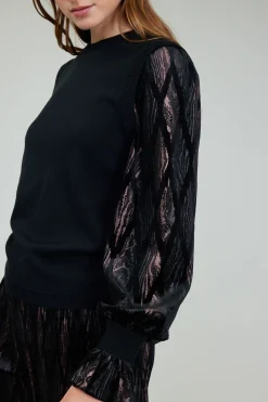 Current Air Knitwear | Long Sleeve Tops-Velvet Foil Sweater Top BLACKBRONZEMULTI