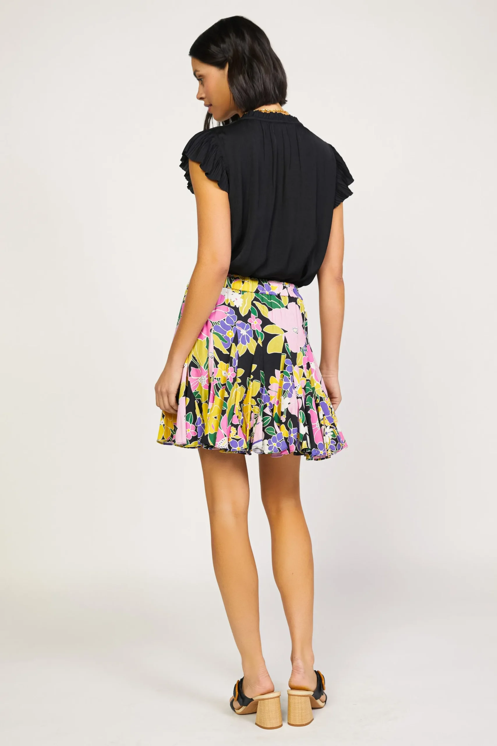 Current Air Skirts-Vintage Floral Godet Skirt BLACK