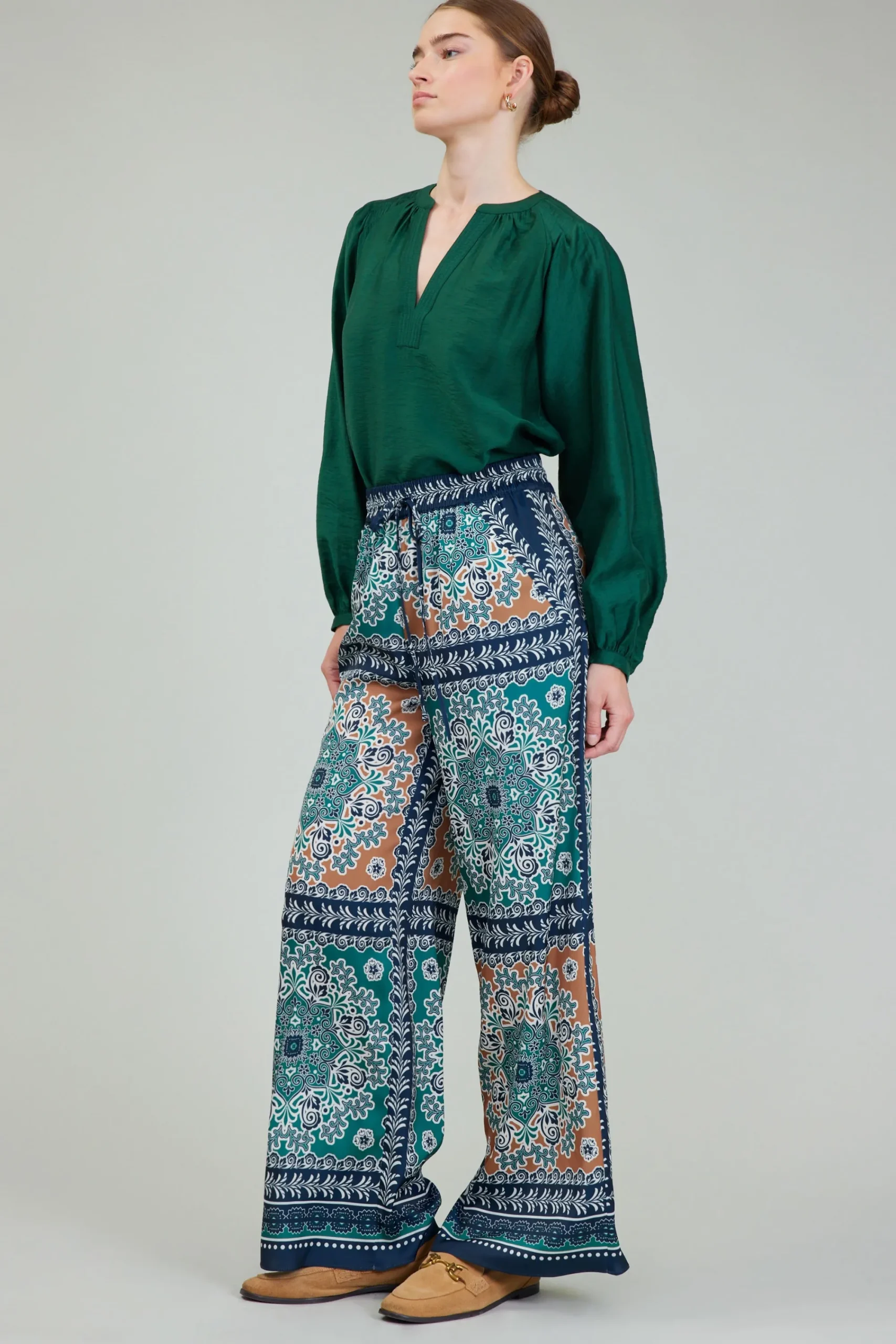 Current Air Pants-Wide Leg Bordered Pants GREENMLT