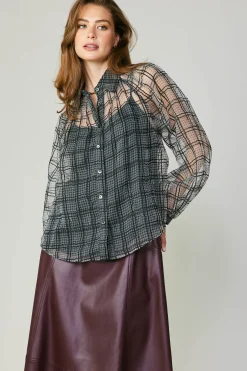 Current Air Long Sleeve Tops-Windowpane Plaid Sheer Blouse BLACK
