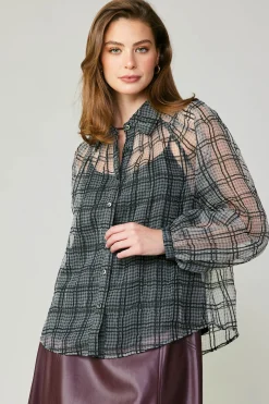 Current Air Long Sleeve Tops-Windowpane Plaid Sheer Blouse BLACK