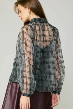 Current Air Long Sleeve Tops-Windowpane Plaid Sheer Blouse BLACK
