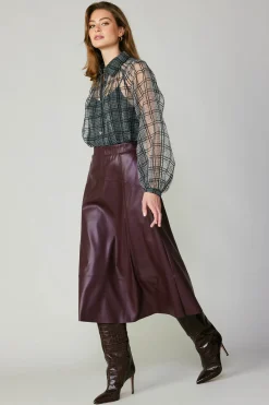 Current Air Long Sleeve Tops-Windowpane Plaid Sheer Blouse BLACK