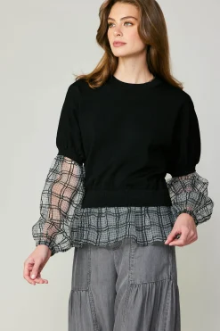 Current Air Long Sleeve Tops | Sweaters-Windowpane Plaid Sweater Top BLACK