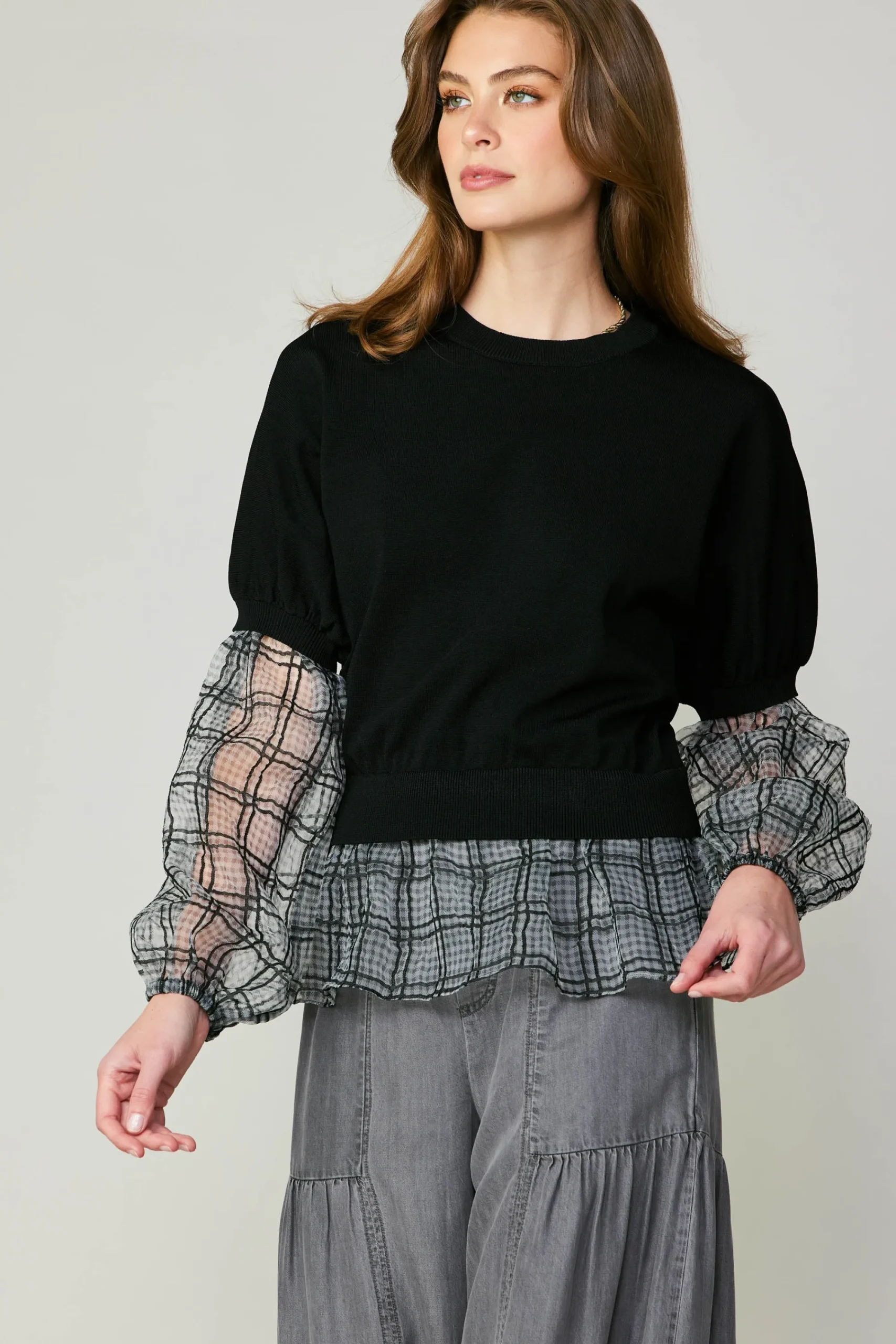 Current Air Long Sleeve Tops | Sweaters-Windowpane Plaid Sweater Top BLACK