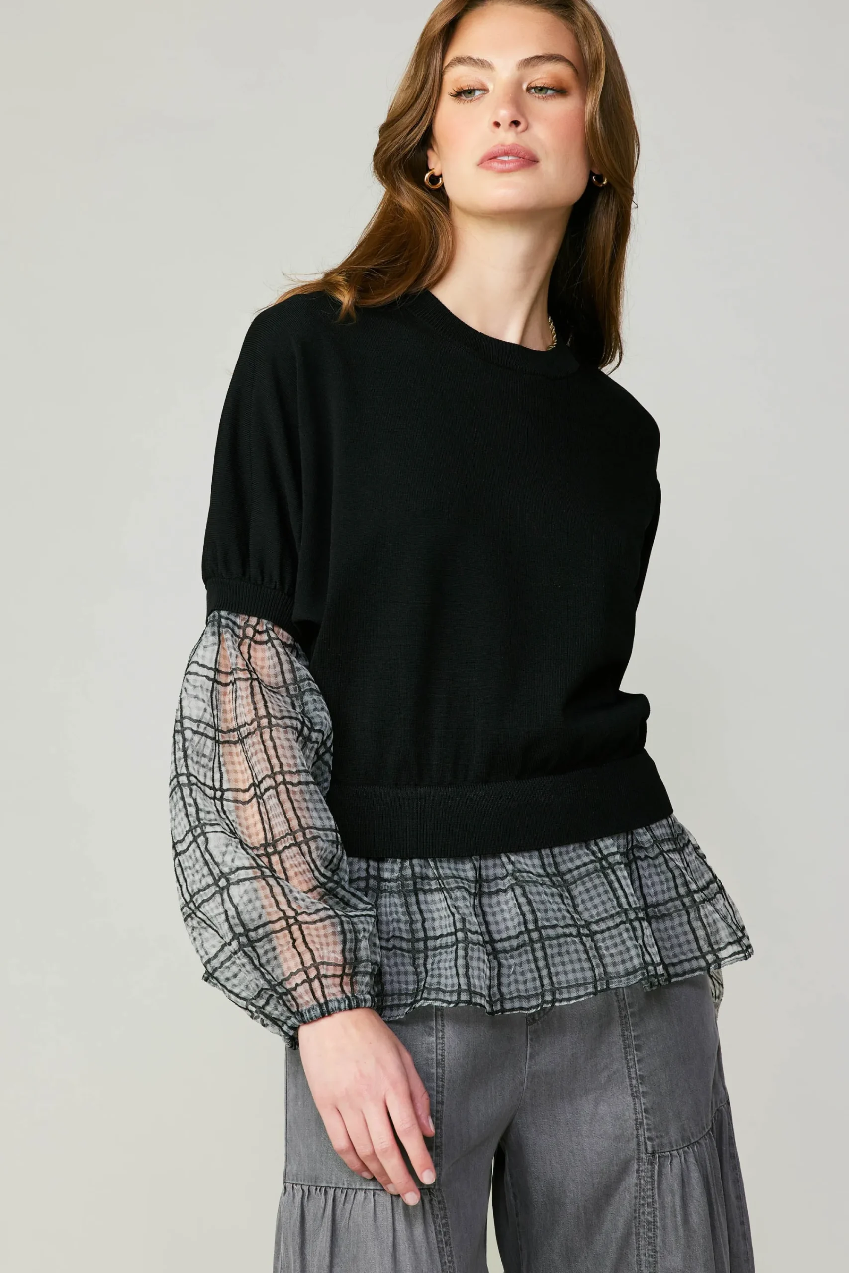 Current Air Long Sleeve Tops | Sweaters-Windowpane Plaid Sweater Top BLACK