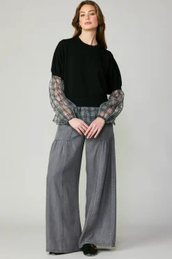 Current Air Long Sleeve Tops | Sweaters-Windowpane Plaid Sweater Top BLACK