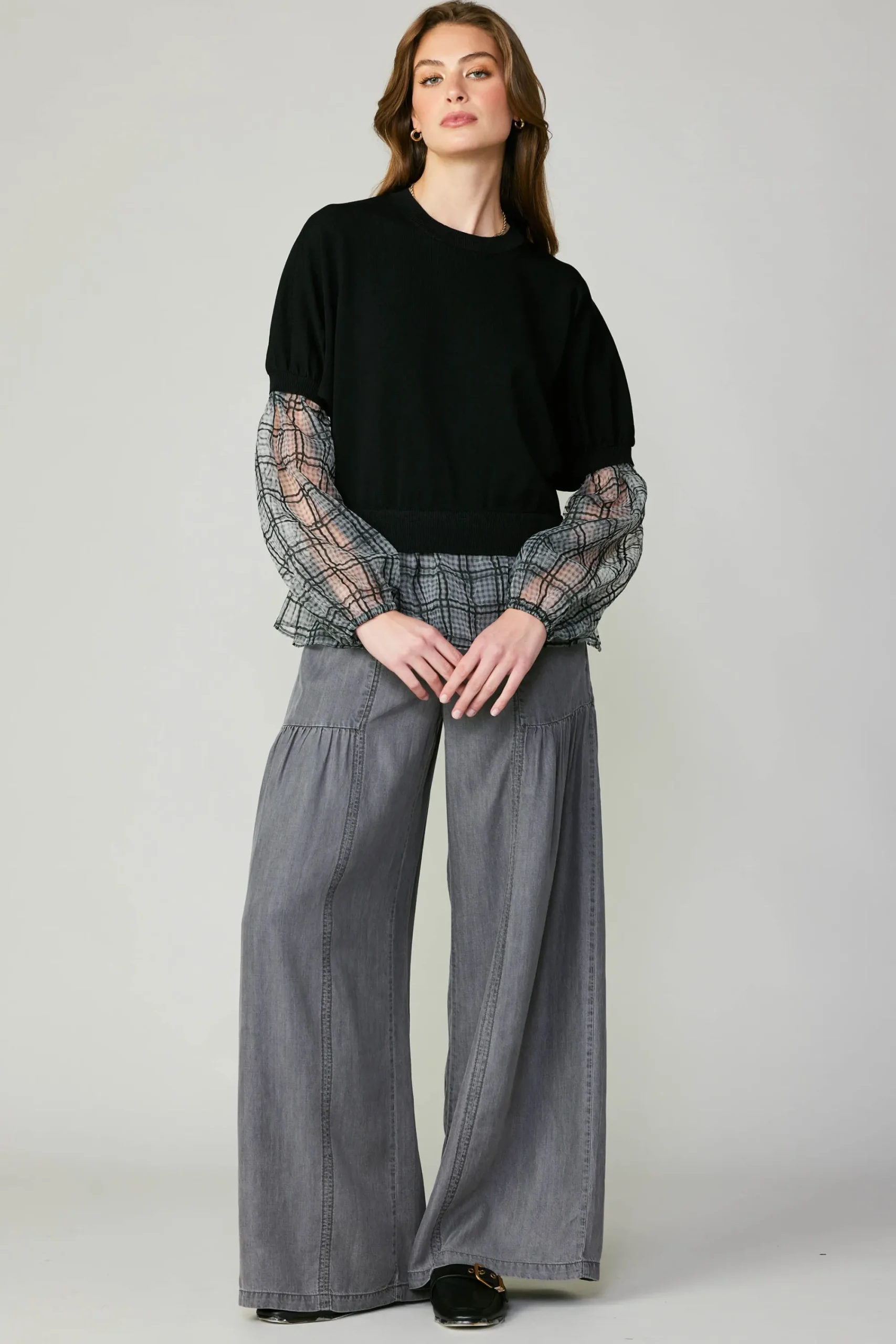 Current Air Long Sleeve Tops | Sweaters-Windowpane Plaid Sweater Top BLACK