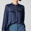 Current Air Long Sleeve Tops-Yoke Lace Blouse SLATENAVY