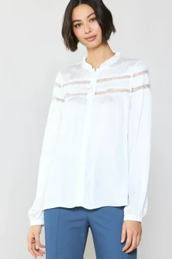 Current Air Long Sleeve Tops-Yoke Lace Blouse WHITE