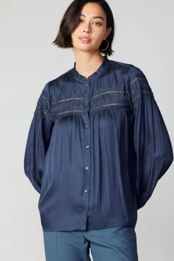 Current Air Long Sleeve Tops-Yoke Lace Blouse SLATENAVY