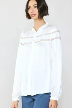 Current Air Long Sleeve Tops-Yoke Lace Blouse WHITE